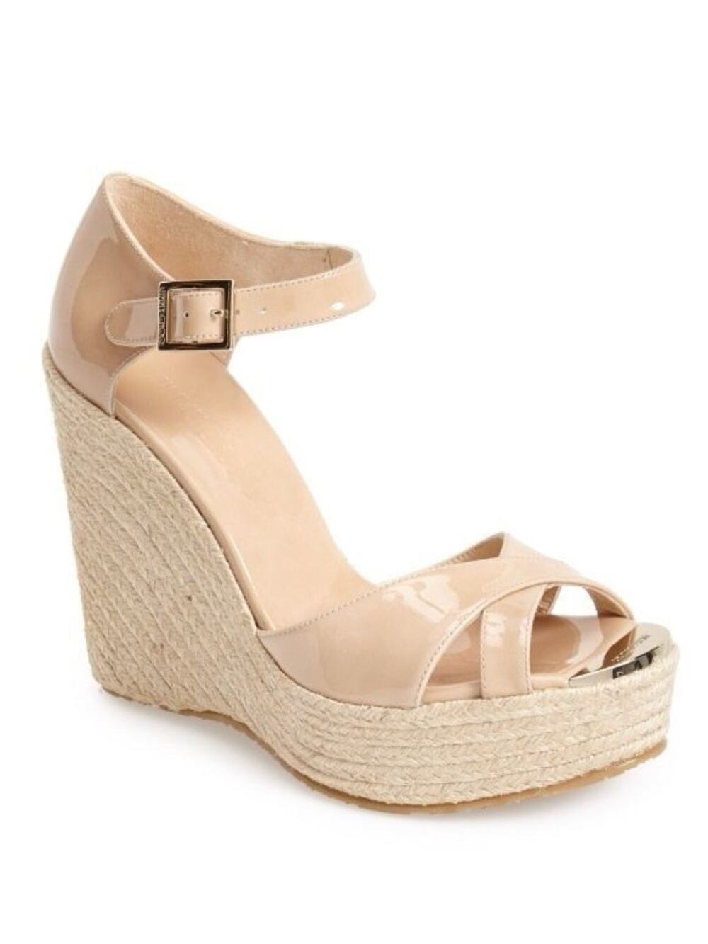 JIMMY CHOO Pallis Nude Patent Leather Espadrille Wedge Sandals Size 9